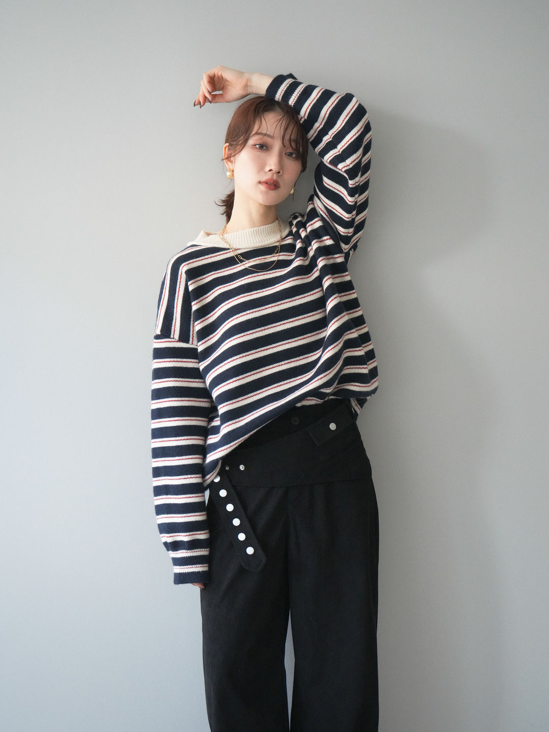 [予約]モックネックボーダーニットプルオーバー/navy