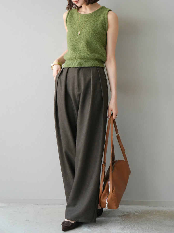 [予約]レザーパイピングタックワイドパンツ/ブラウン