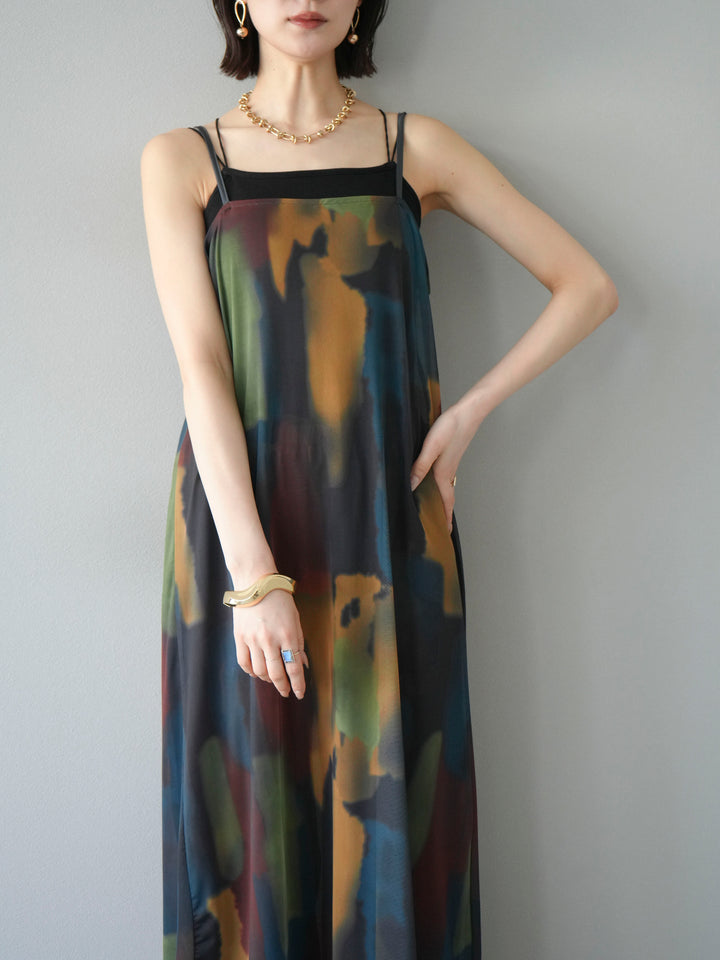 [SET]水彩アートシアーキャミワンピース+カップ付きバッククロスキャミソール(2set)