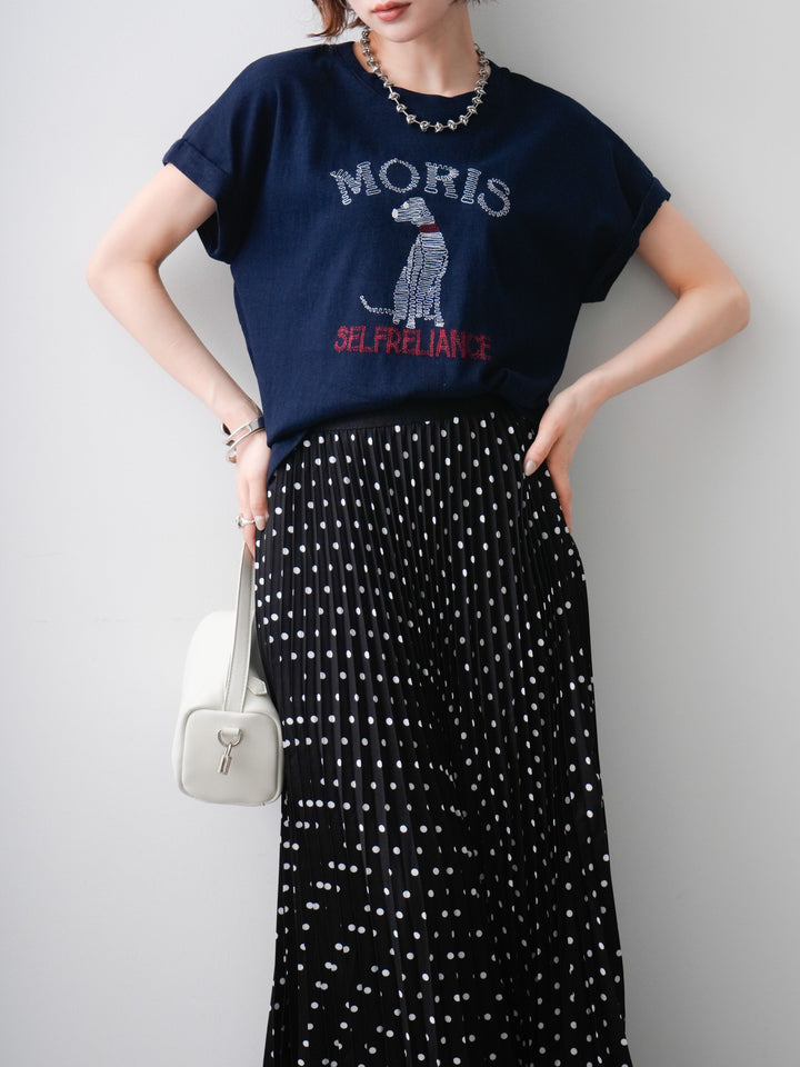[SET]ドッグエンブロイダリーTEE+ドットアコーディオンプリーツスカート(2set)