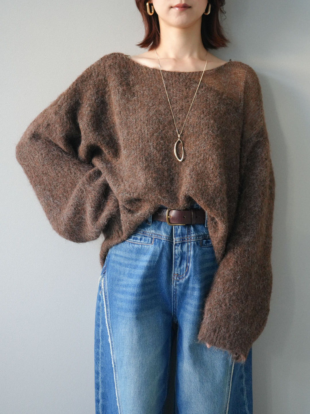 [SET]透かしデザインニットプルオーバー+サイドフリンジワイドデニムパンツ(2set)