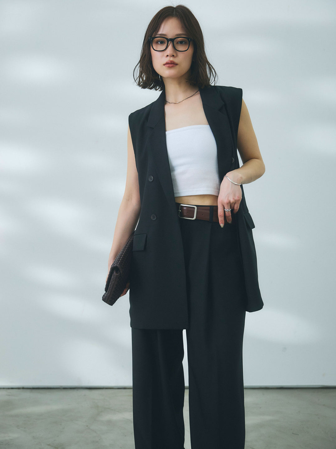 【Allure】[SET]杢調ミディ丈テーラードジレ+杢調ライトストレートパンツ(2set)