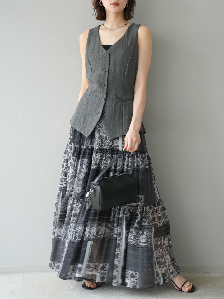 [SET]リネンタッチバックオープンベスト＆ニュアンス柄マキシスカートSET UP(2set)