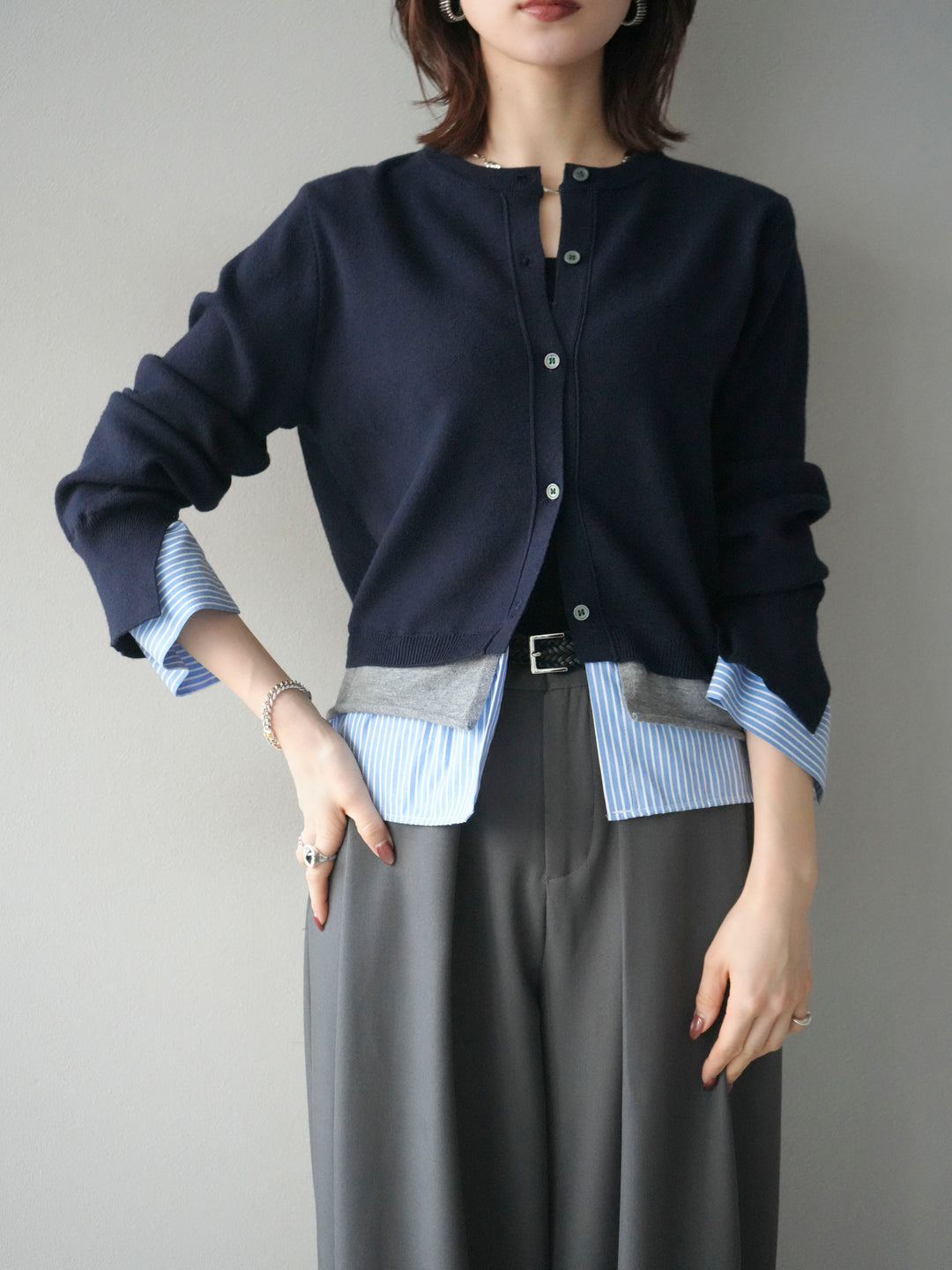 [SET]シャツ襟レイヤードニットカーディガン+ベルトループデザインワイドパンツ(2set)