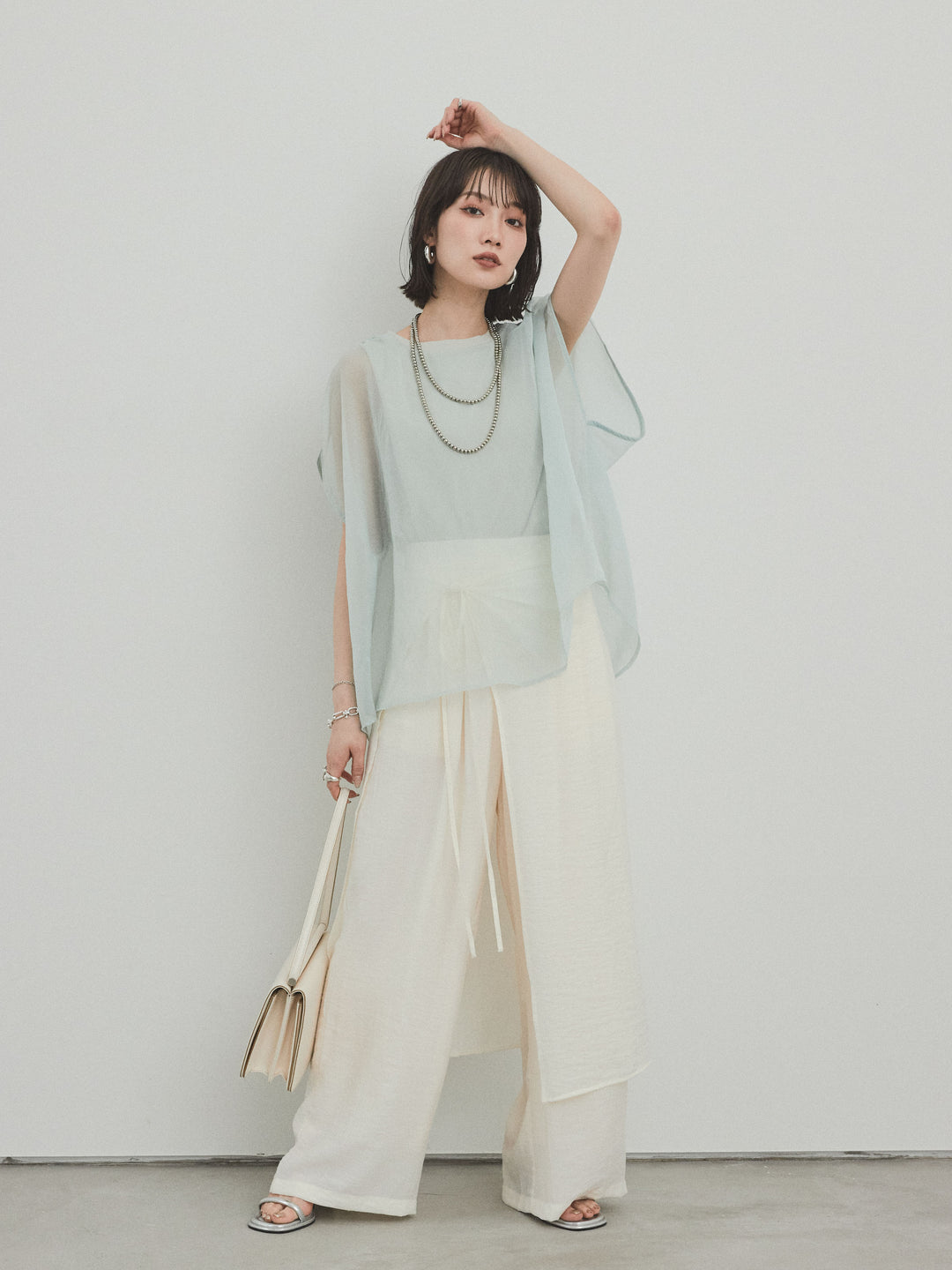 [予約]ワッシャーサテンレイヤードスカートパンツ/アイボリー