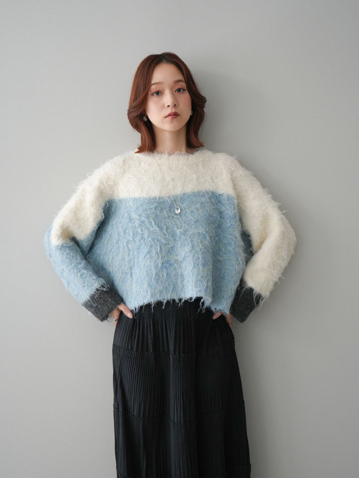 [SET]バイカラーモヘアタッチニットプルオーバー+型押しスエードティアードプリーツスカート(2set)