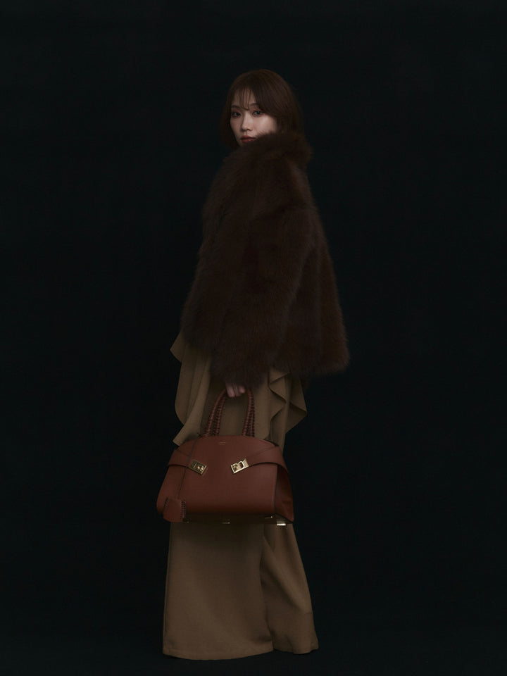 【Allure】[SET]ぺプラムベアトップス＆ワイドパンツSET UP+フェイクファービックカラージャケット(2set)