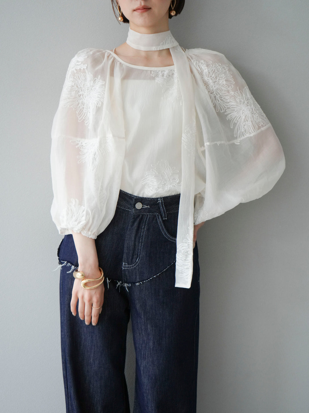 [SET]刺繍シアーバルーンスリーブブラウス+選べるアクセセット(2set)