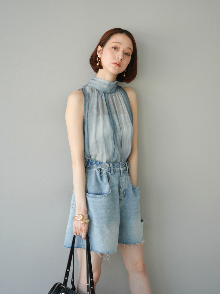 [予約]ニュアンスシアーホルターネックブラウス/グリーン