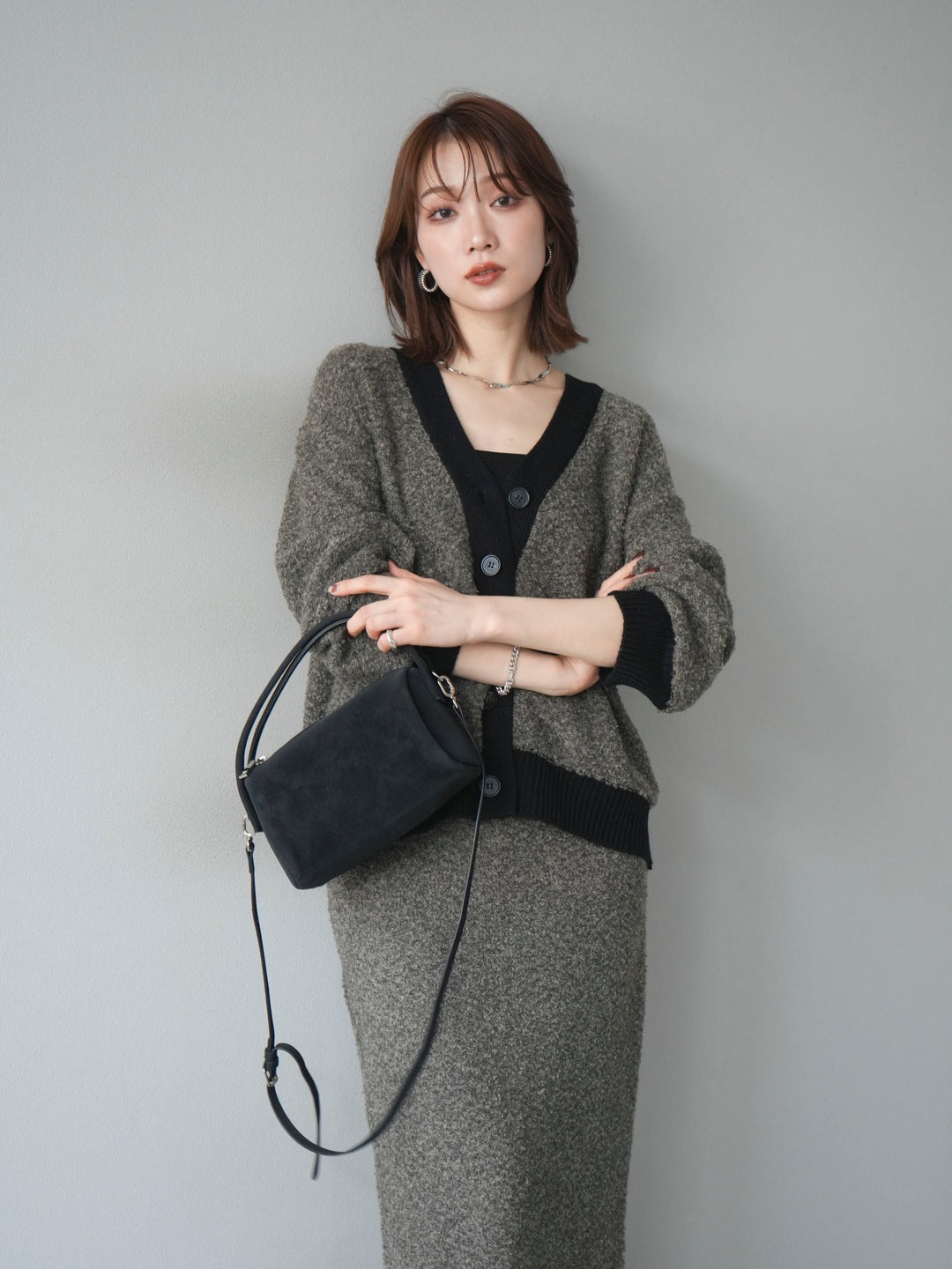 [予約]ブークレバイカラーニットカーディガン/charcoal