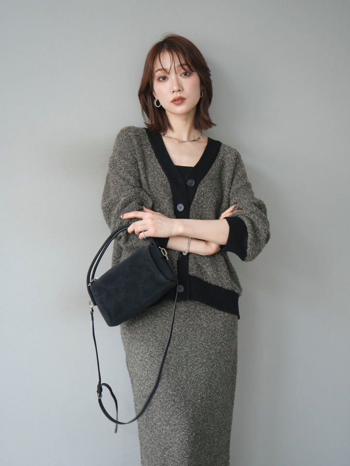 [予約]ブークレバイカラーニットカーディガン/charcoal