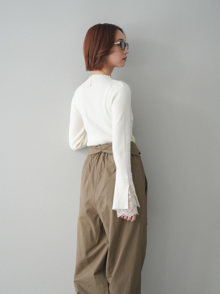 [SET]袖スカラップレースオフネックニットトップス+ウエスト巻きデザインドロストコットンナイロンパンツ(2set)