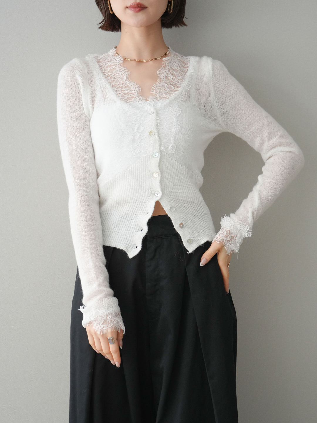 [予約]モヘアタッチレースニットカーディガン/off