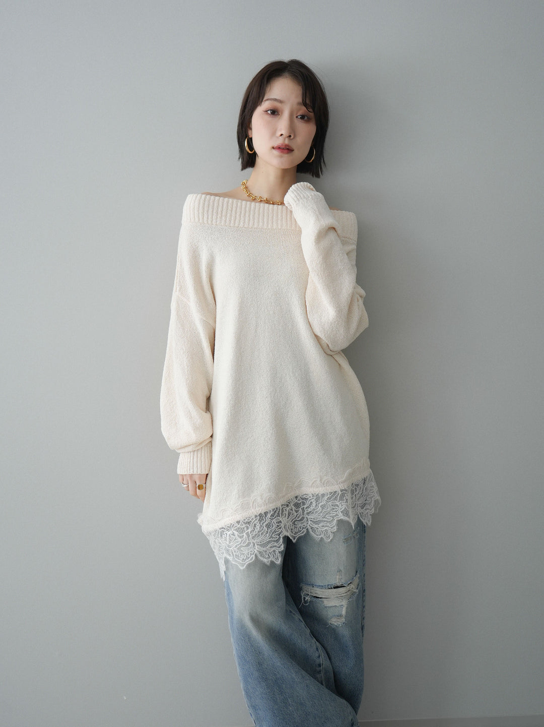 [SET]アシンメトリーレースヘムニットプルオーバー+ダメージデニムセミワイドパンツ(2set)