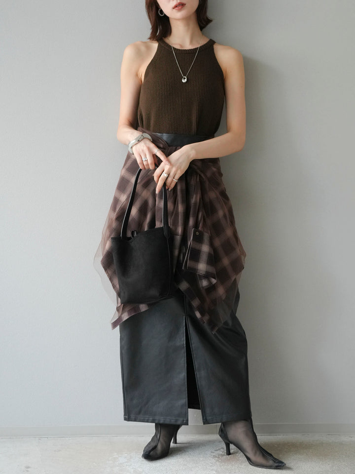 [予約]フェイクレザーフロントスリットスカート/ブラック