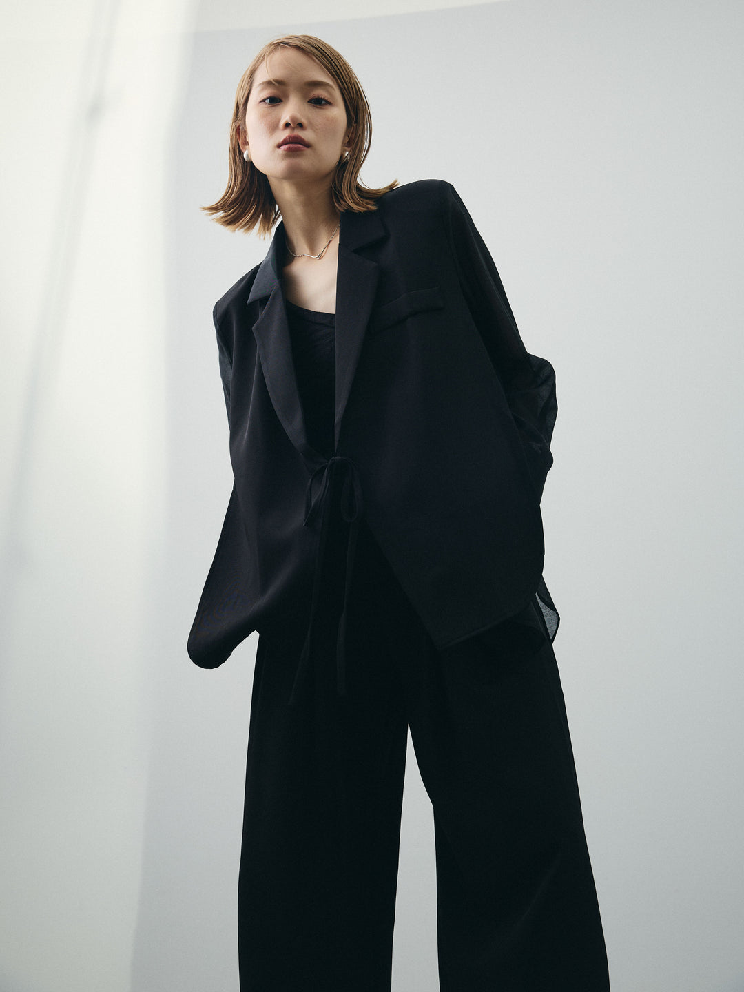 [SET]シアー切替テーラードジャケット+リネンライクカシュクールデザインビスチェ+2タックワイドパンツ(3set)