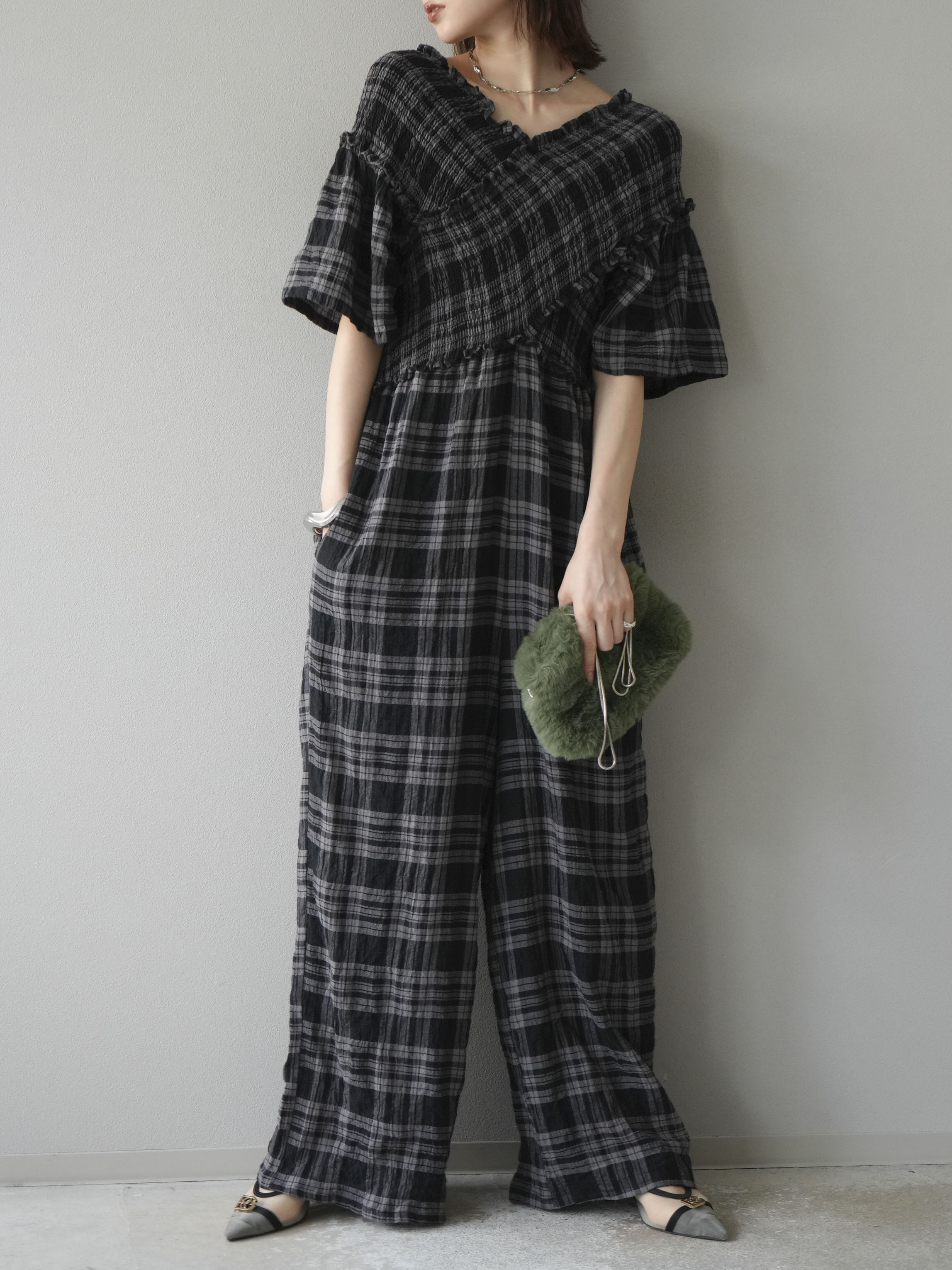 SET]チェック柄ハーフスリーブシャーリングクロスサロペット+