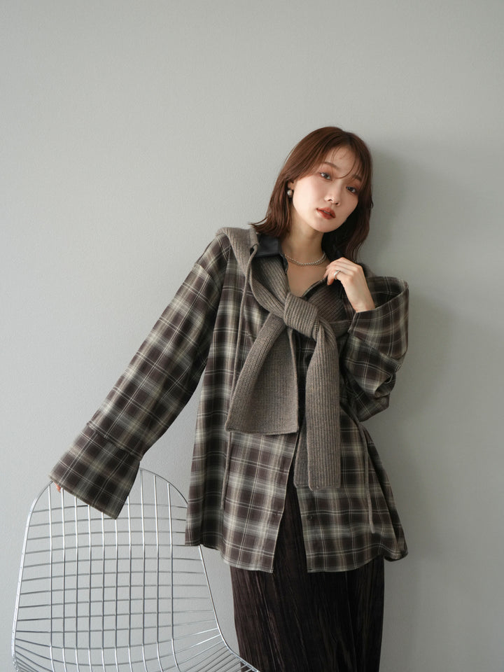 [予約]レザー襟オンブレチェックオーバーシャツ /ブラウン