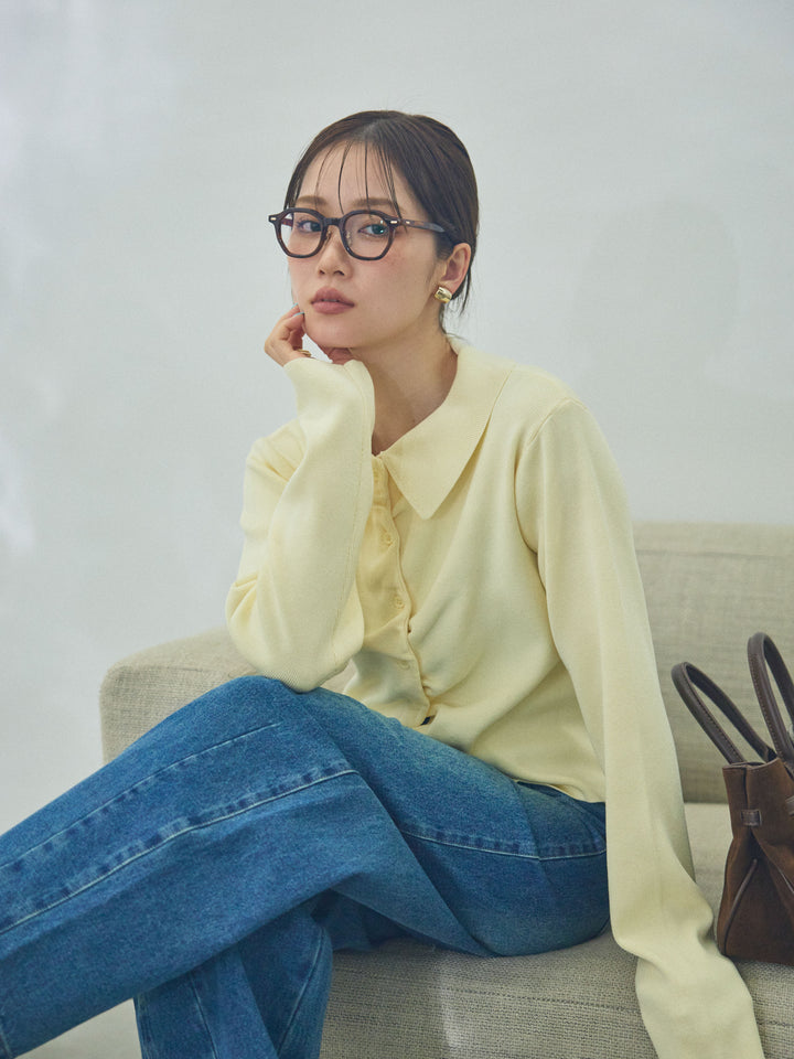 【Allure】[SET]襟付きギャザーニットカーディガン+アシメカーブデニムパンツ(2set)