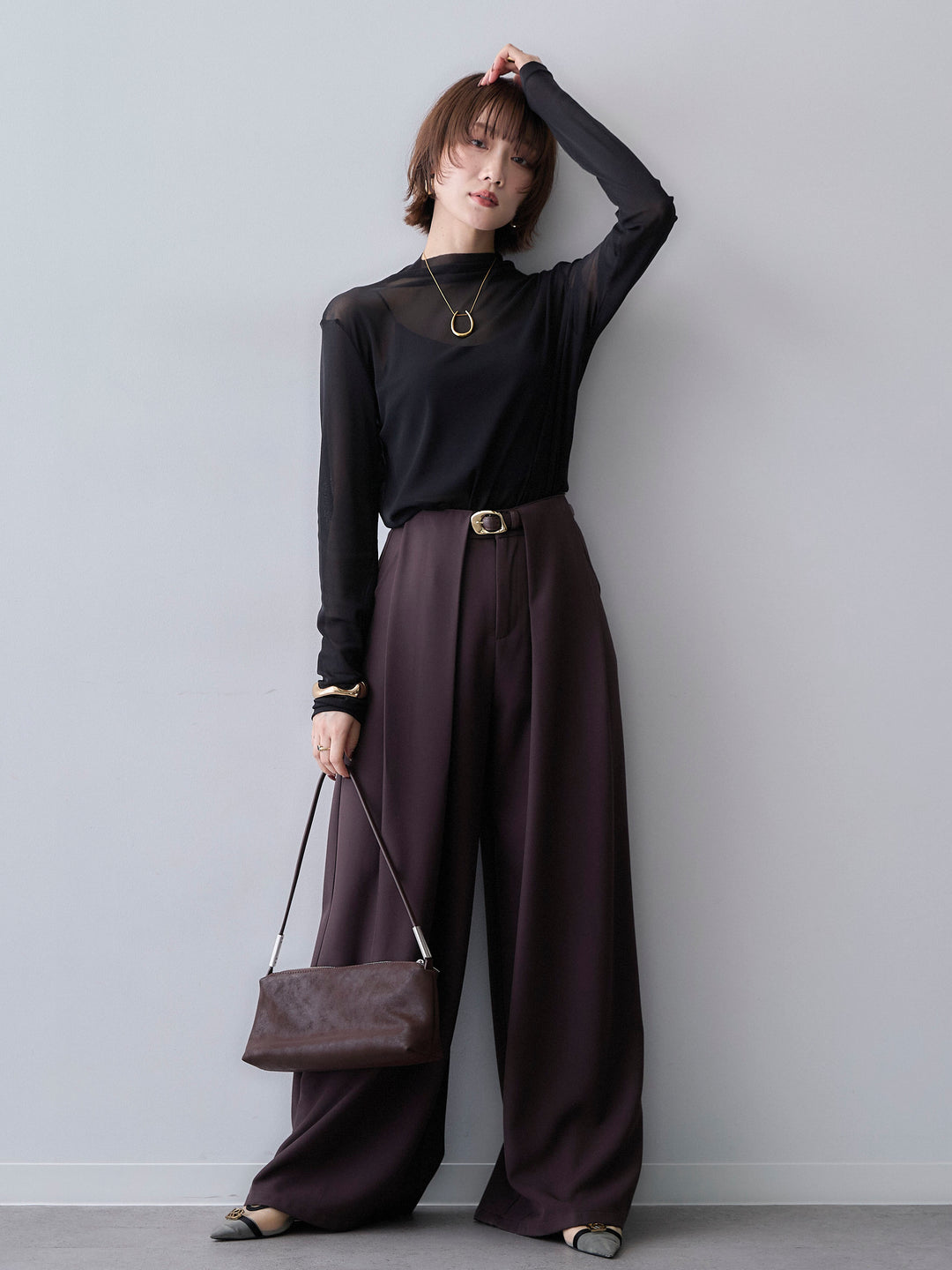 [SET]メッシュボトルネックトップス+ベルトループデザインワイドパンツ(2set)