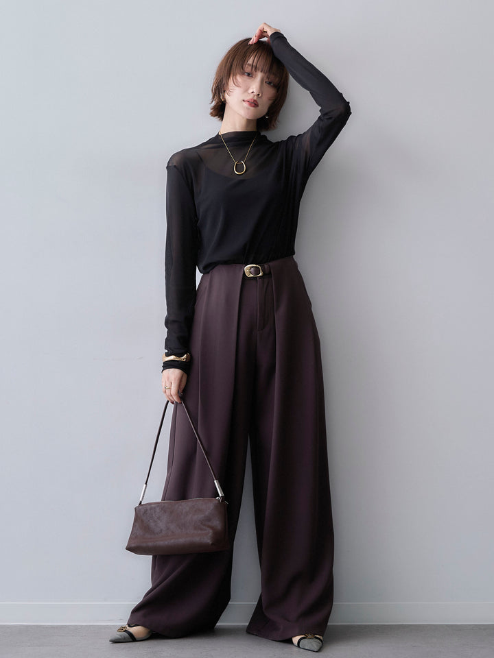 [SET]メッシュボトルネックトップス+ベルトループデザインワイドパンツ(2set)