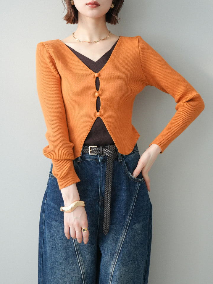 [予約]Vネック配色レイヤードスリットニットトップス/orange