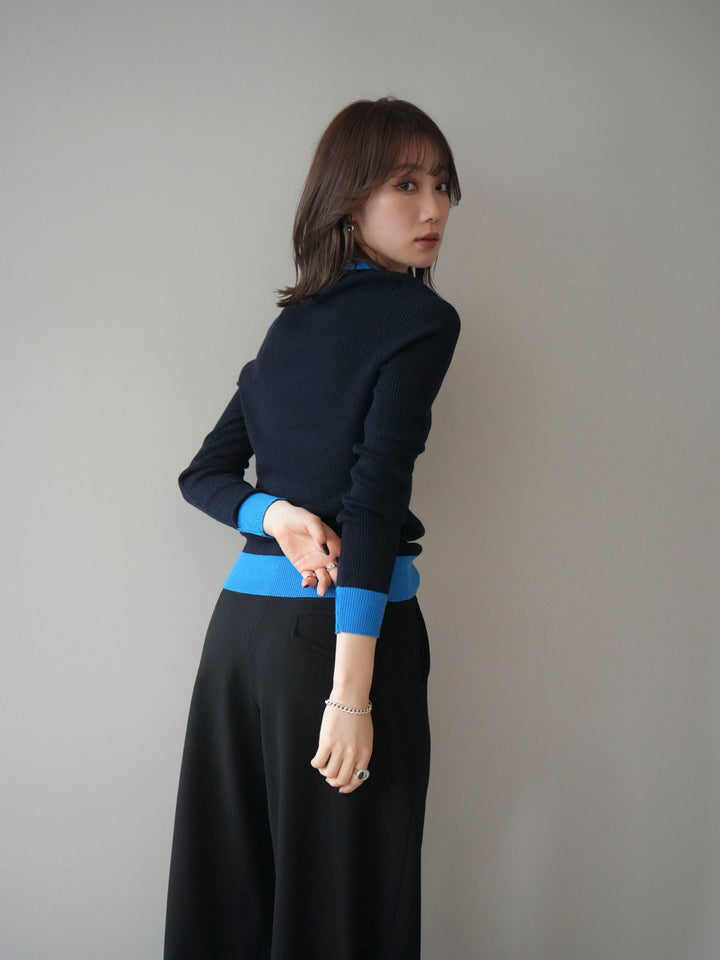 [SET]Uネック配色レイヤードリブニットトップス+アニマル柄ベルト付きウールタッチワイドパンツ(2set)