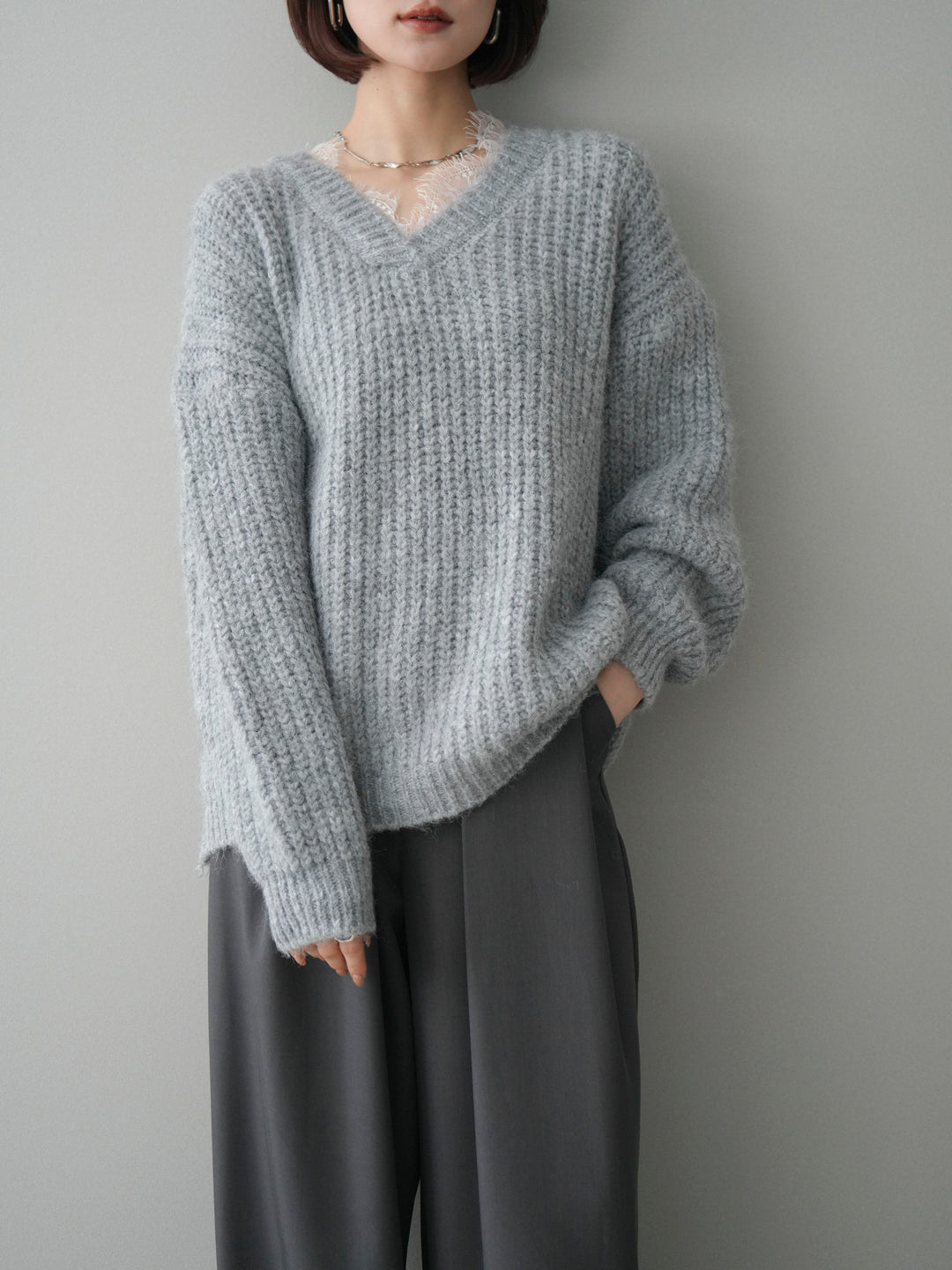 [SET]Vネックレースニットプルオーバー+ベルトループデザインワイドパンツ(2set)