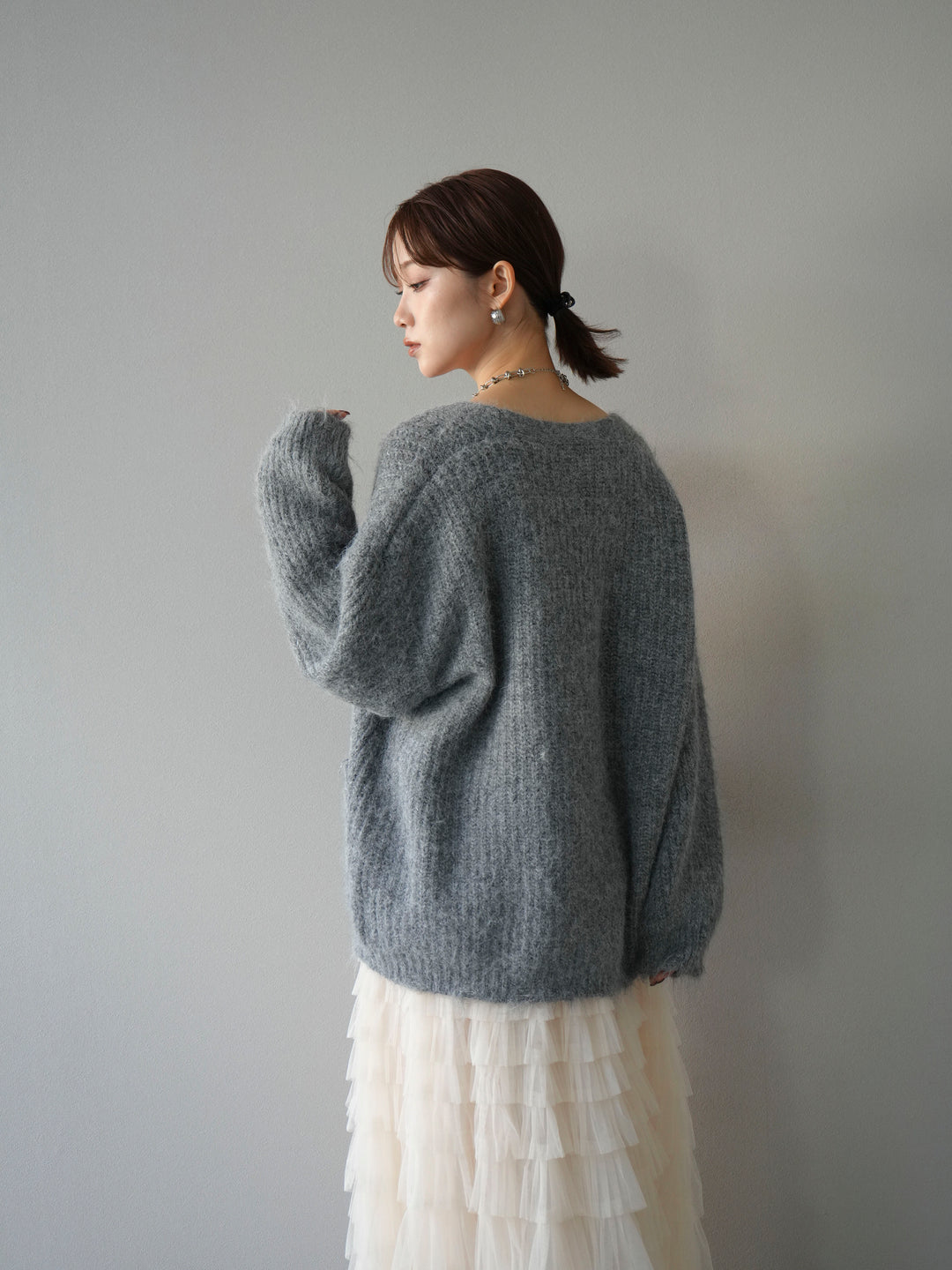 [予約]ウール混オーバーニットカーディガン/グレー