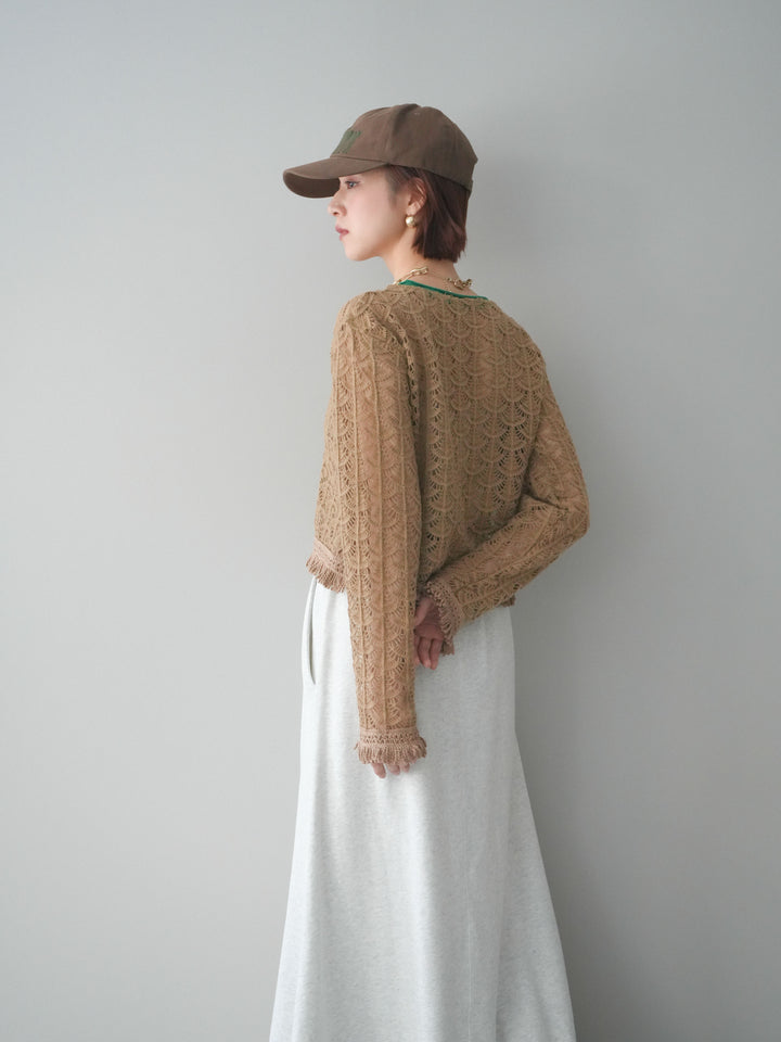 [予約]扇透かし編みクロップドニットプルオーバー/beige