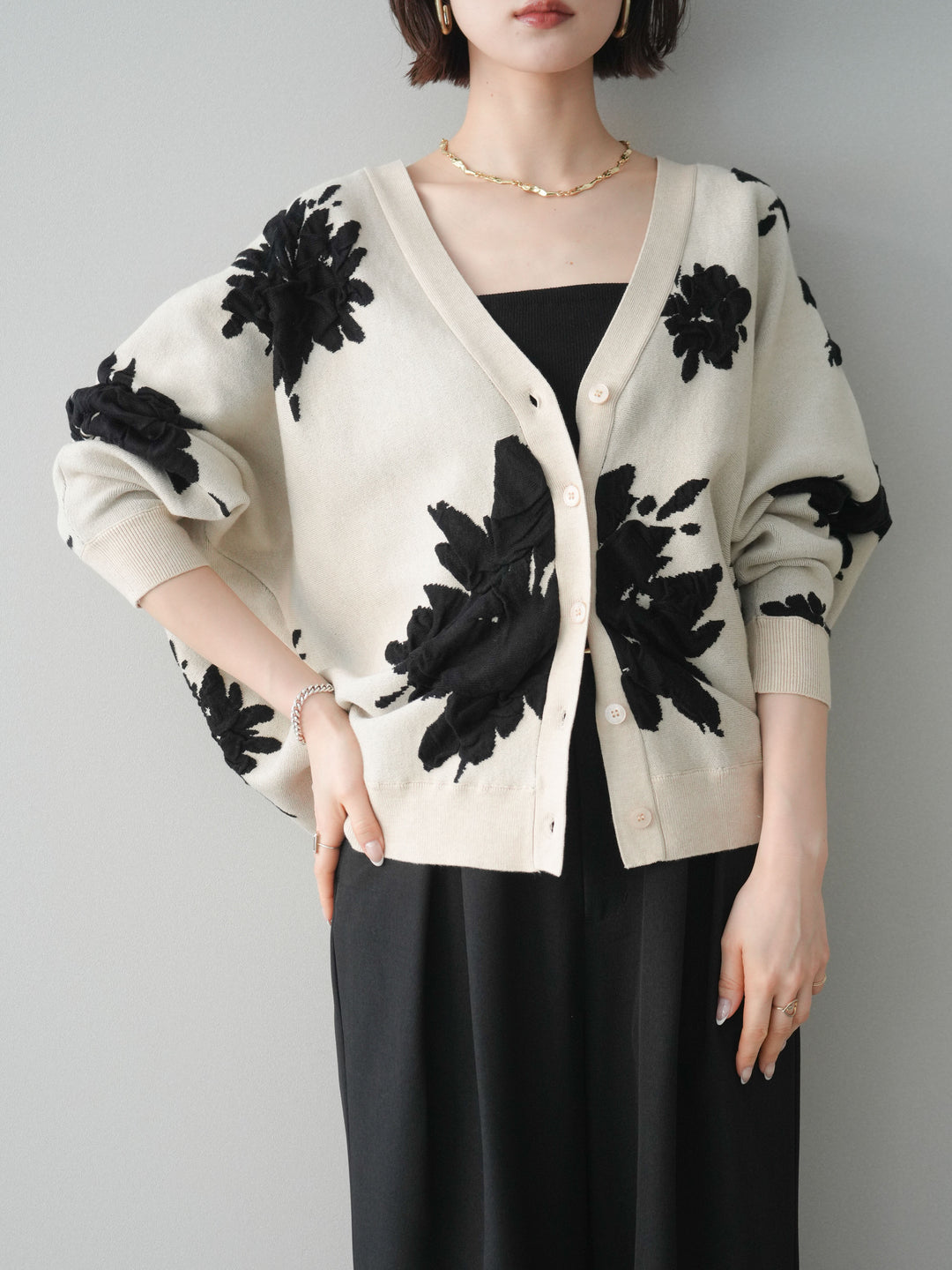 [SET]フラワージャガードニットカーディガン+フラワージャガードニットカーディガン(2set)