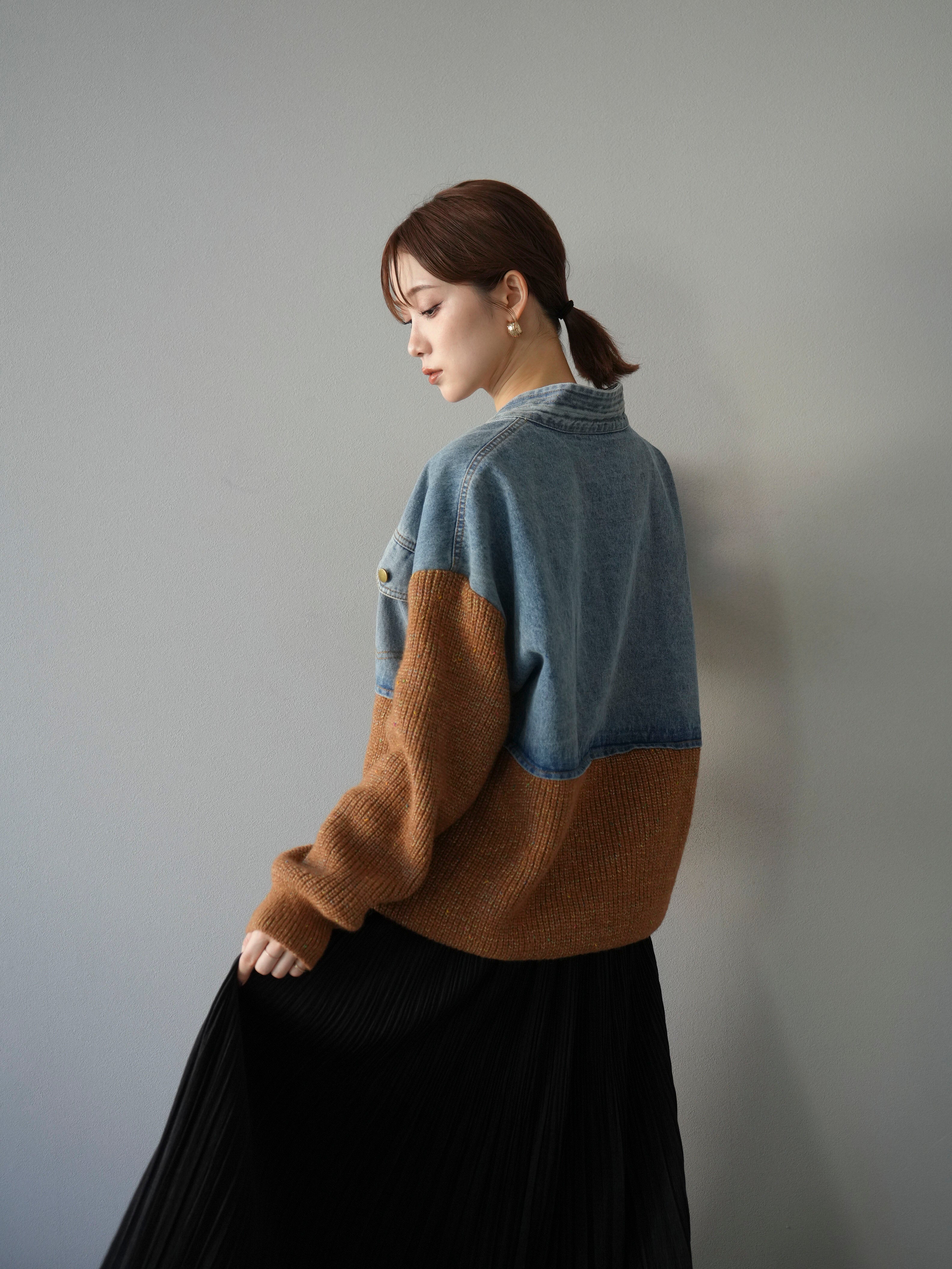 予約]デニム切替ネップニットカーディガン/キャメル – Lumier