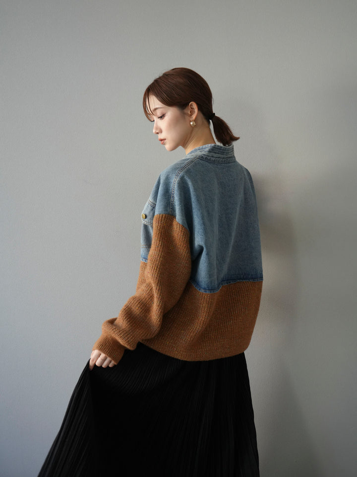 [予約]デニム切替ネップニットカーディガン/キャメル