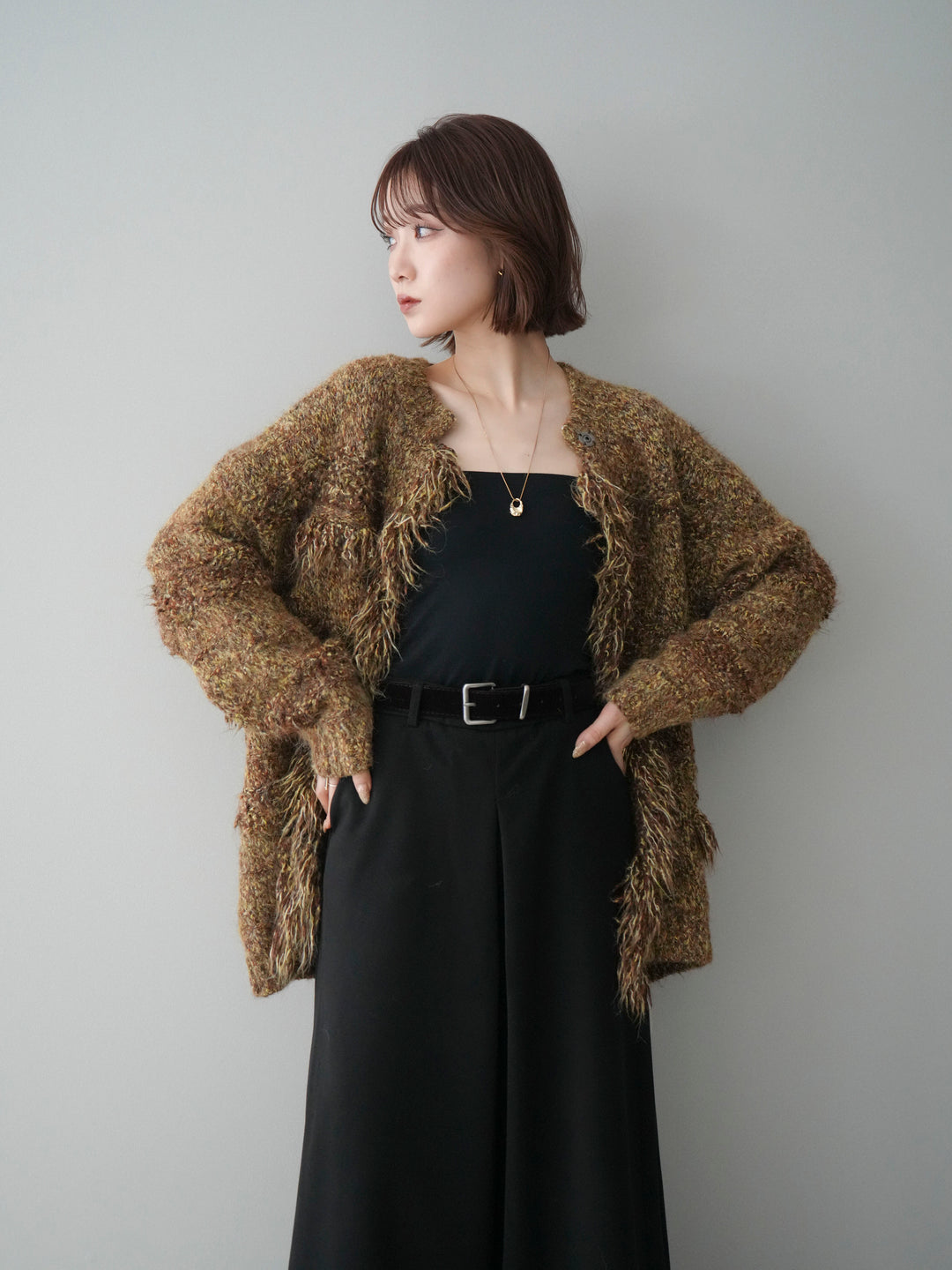[予約]ミックスヤーンフリンジデザインニットジャケット/brown