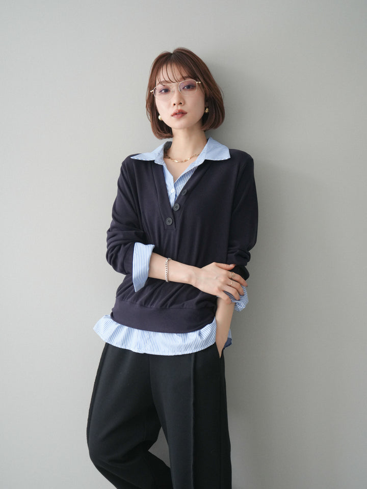 [予約]シャツレイヤードデザインカットプルオーバー/navy