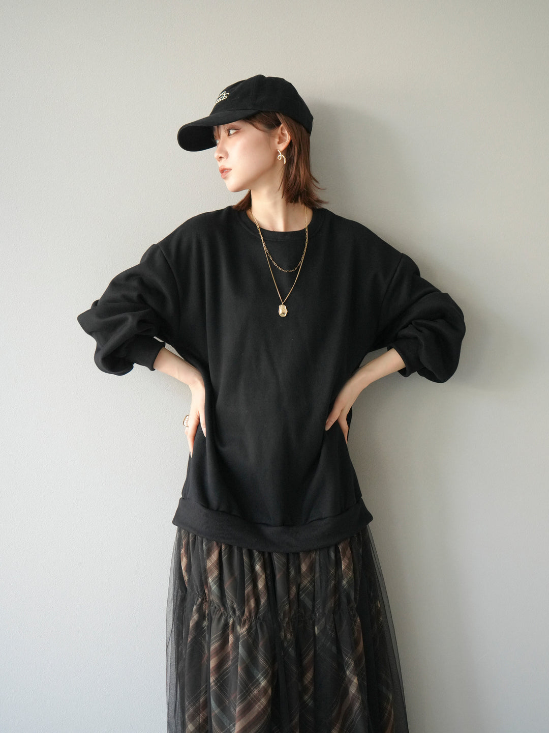 [予約]スウェットドッキングチェック柄レイヤードワンピース/ブラック