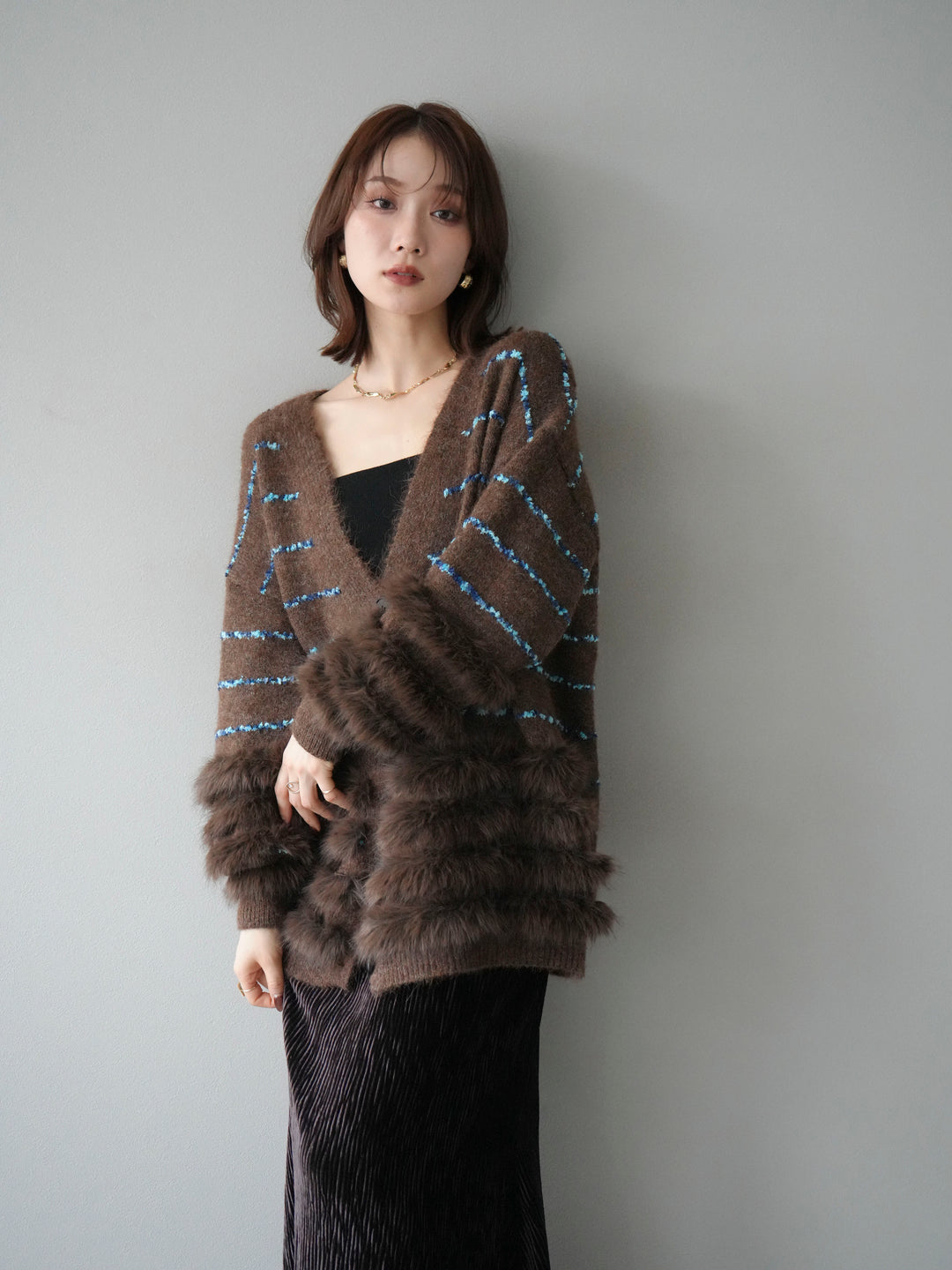 [予約]フェザーライン配色シャギーニットカーディガン/ブラウン