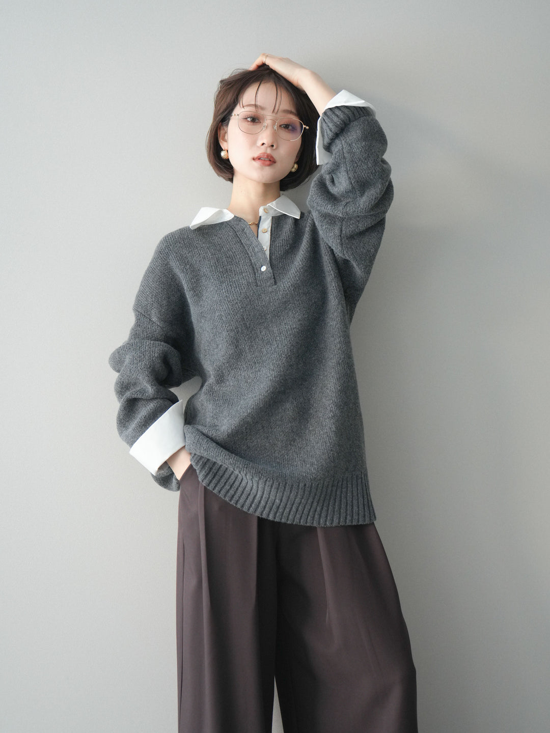 [予約]シャツドッキングオーバーニットプルオーバー/charcoaloff