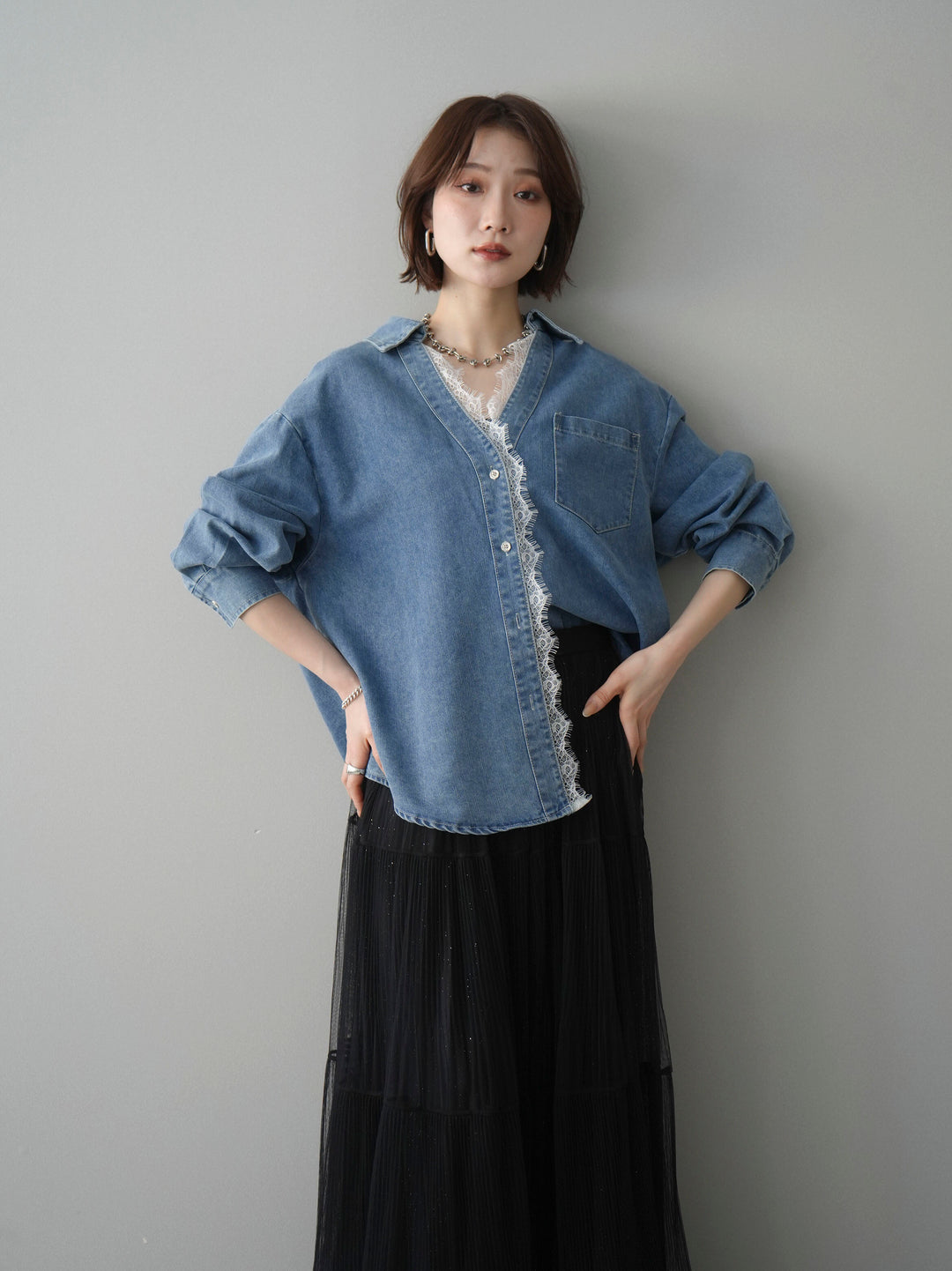 [SET]レースレイヤードデニム開襟シャツ+ラメプリーツレイヤードチュールロングスカート(2set)