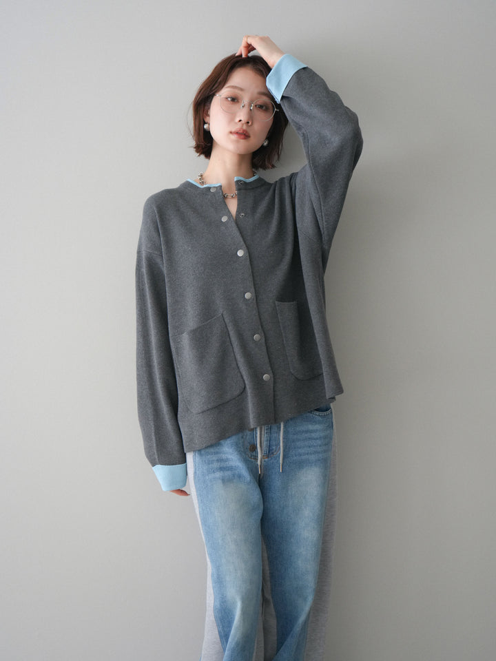 [SET]バイカラーオーバーニットカーディガン+デニム切替スウェットパンツ(2set)