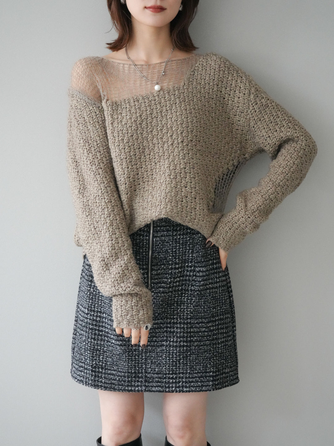 [予約]ダメージデザインニットプルオーバー/greige
