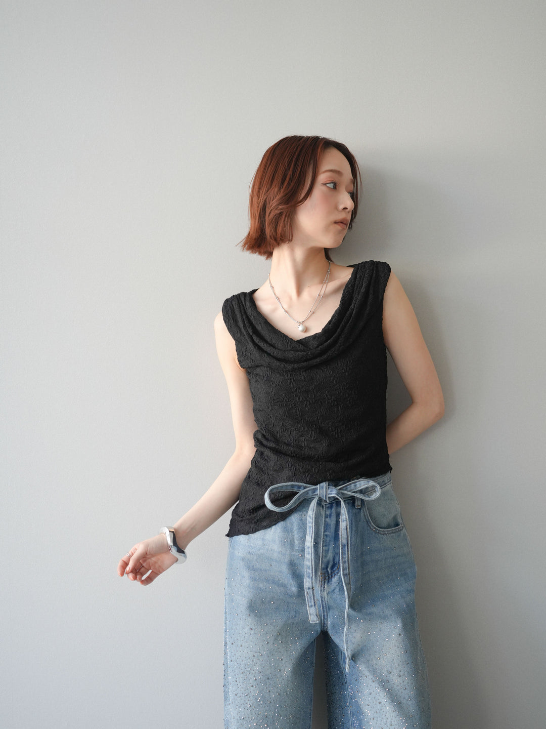 [予約]レースドレープネックアシメトップス/black