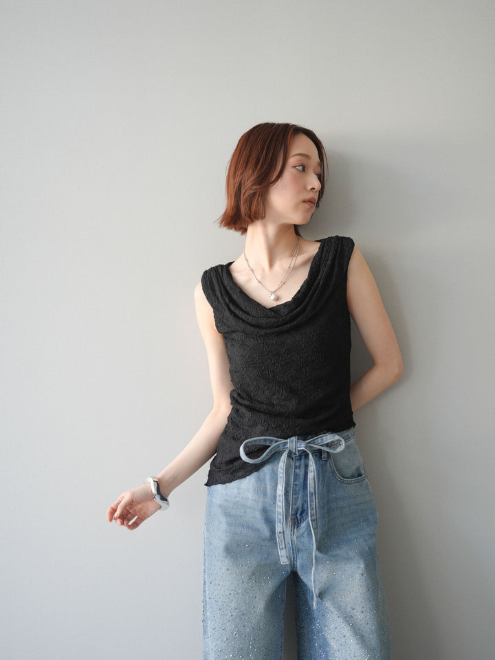 [予約]レースドレープネックアシメトップス/black