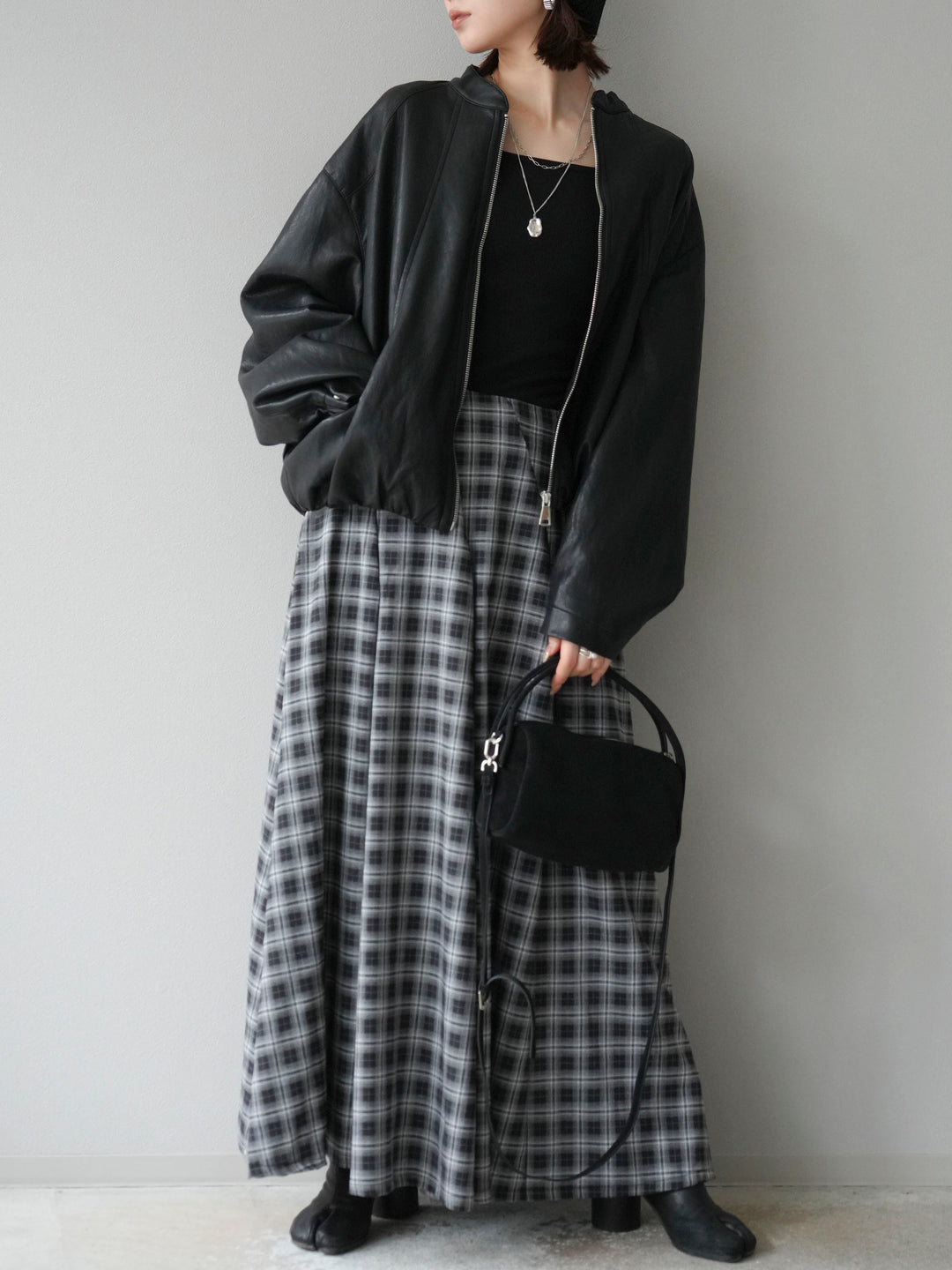 [予約]チェックタックフレアロングスカート/ ブラック