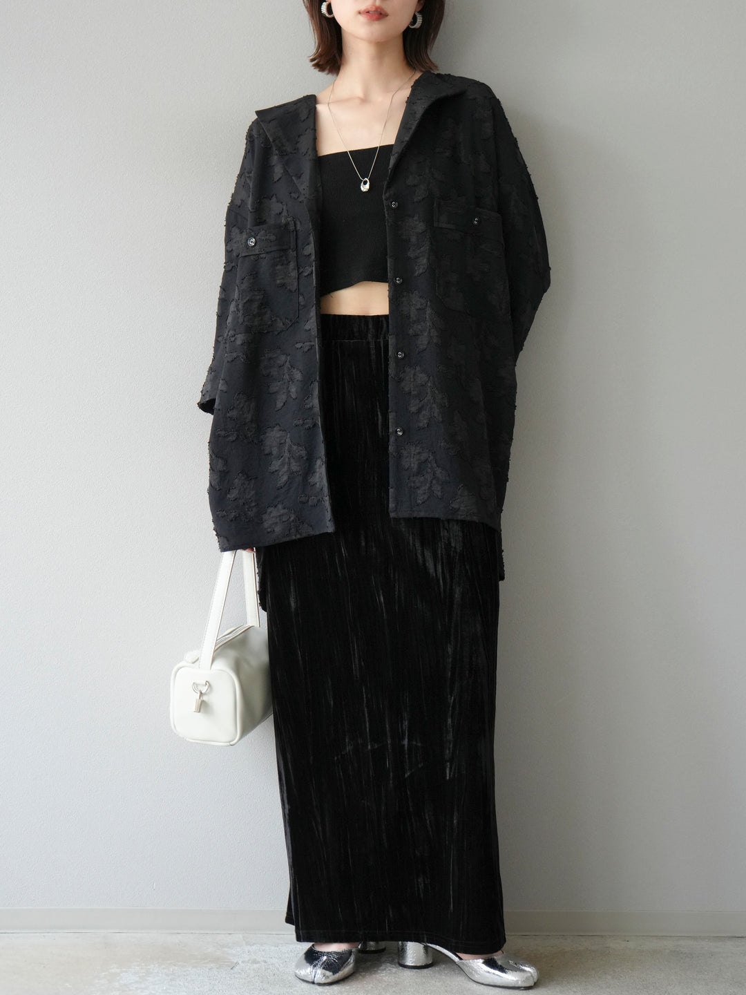 [予約]ジャガードハーフスリーブシャツ/ブラック