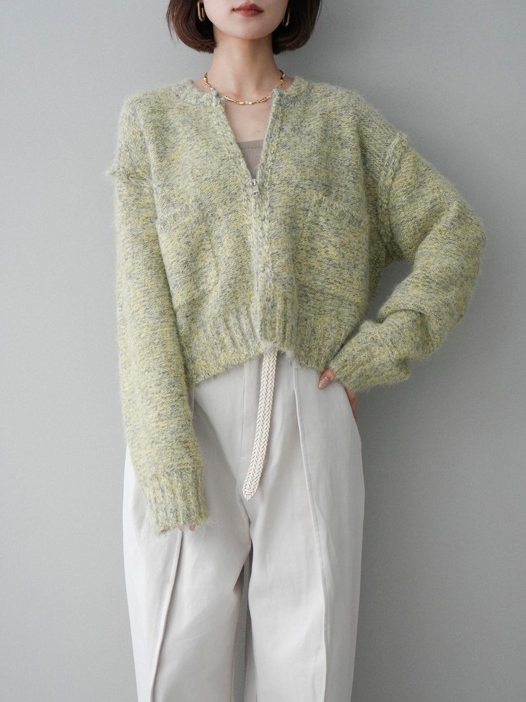 [SET]ミックスヤーンダブルZIPニットカーディガン+選べるアクセセット(2set)