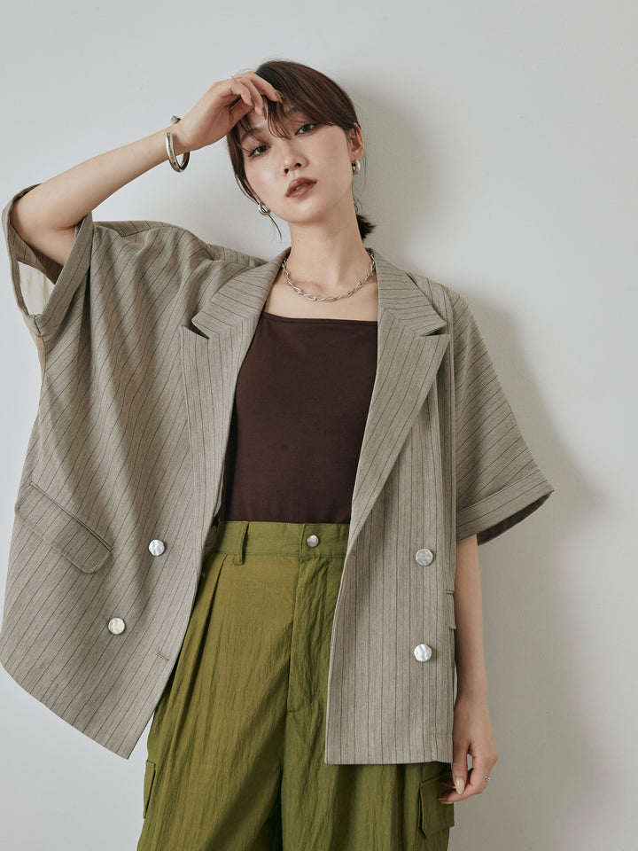 [予約]バックオーガンジーヘリンボーンストライプハーフジャケット/グレージュ