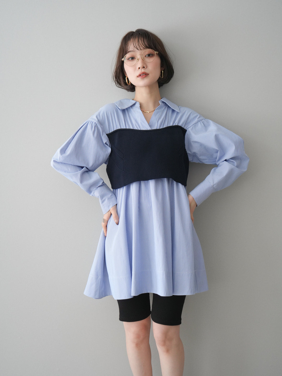 [予約]ニットビスチェドッキングフレアシャツチュニック/stripe