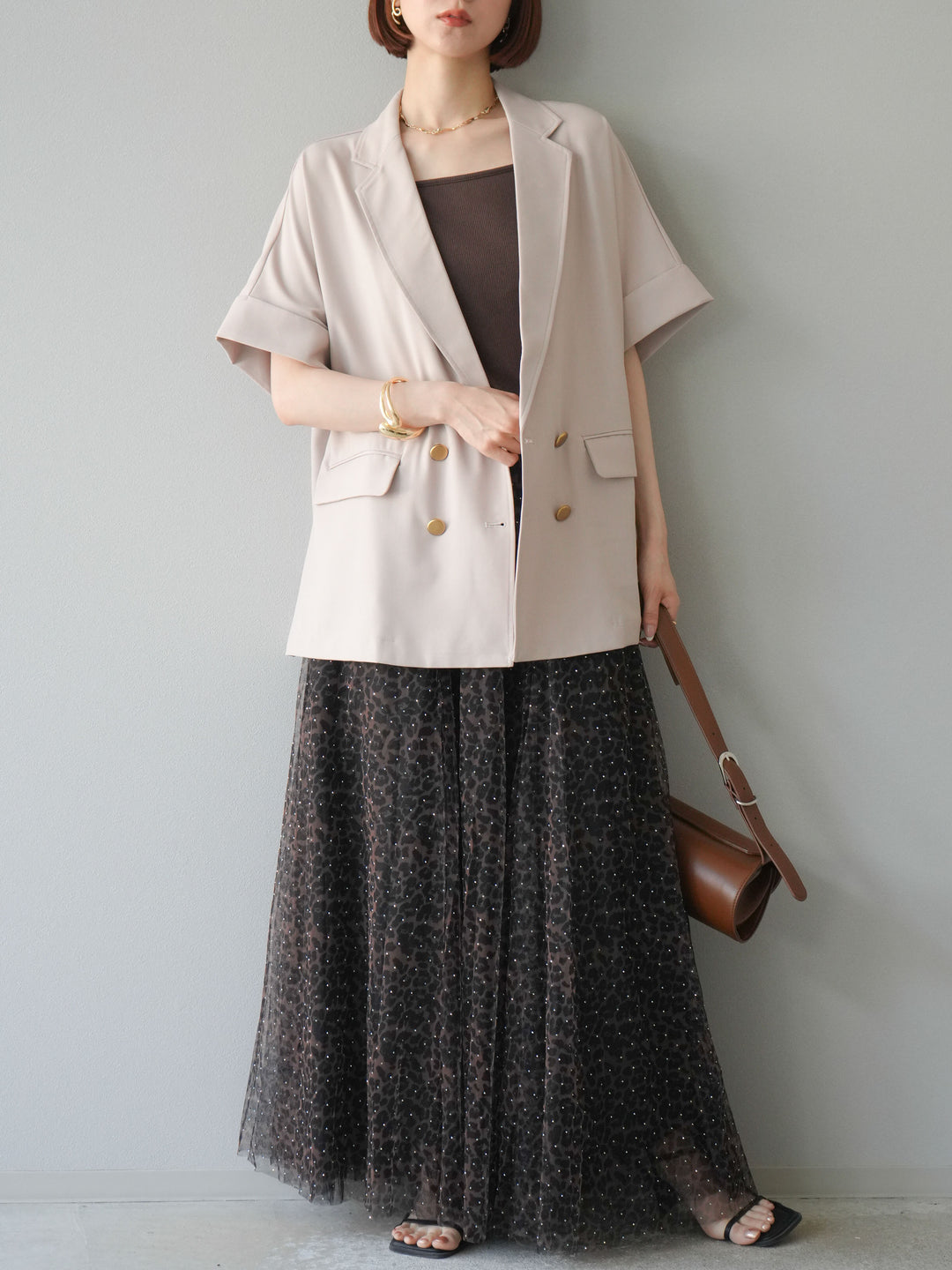 [5] 豹紋薄紗層疊百褶裙/摩卡色