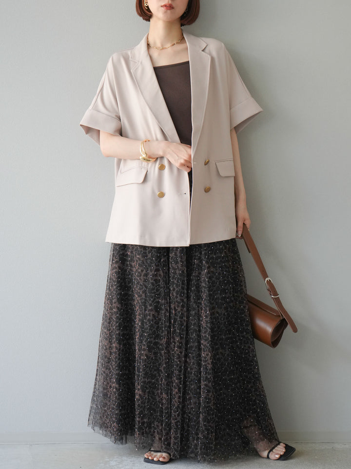 [5] 豹紋薄紗層疊百褶裙/摩卡色